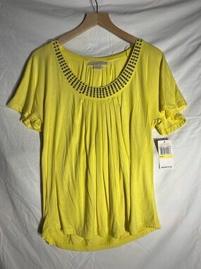 Michael Kors Yellow Short Sleeve Scoop Neck Top with Stud Accents